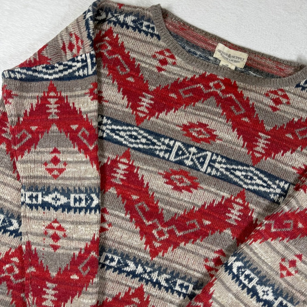 Denim & Supply Ralph Lauren Southwestern Aztec Cotton Knit Sweater Red Gray L